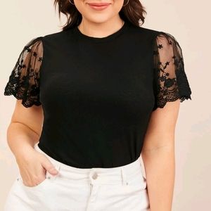 Shein Curve Embroidered Mesh Sleeve Top
